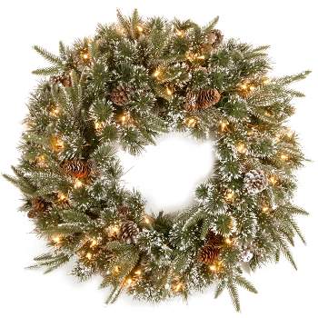 National Tree Company 24" Pre-Lit 'Feel Real' Artificial Christmas Wreath, Liberty Pine, White Lights, Decorated with Frosted Branches, Pine Cones
