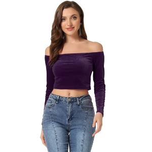 INSPIRE CHIC Women's Velvet Solid Stretch Long Sleeve Off Shoulder Crop Tops - 1 of 4