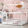 Full Size House Floor Bed With Roof Fence Guardrails Easy Assembly Multifunctional Playhouse Bed - 3 of 4