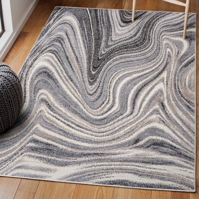 Eleni Charcoal and Cream Abstract Marble 3 x 5 Synthetic Area Rug