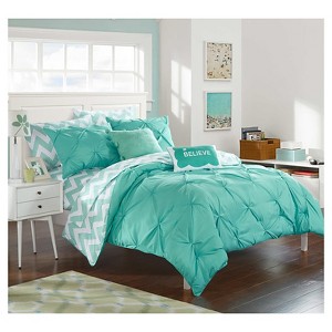 Foxville Pinch Pleated and Ruffled Chevron Print Reversible Comforter Set 9 Piece (Full) Aqua - Chic Home Design, Blue