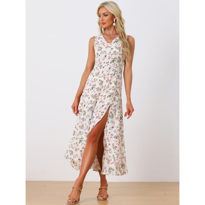Allegra K Women's Floral Print Summer A-Line High Low Side Slit Sleeveless Midi Dress, 2 of 6