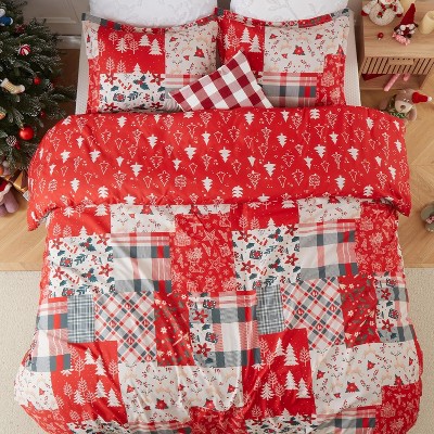 3Pcs Christmas Decorative Bedding Set with 1 Reversible Printed Duvet Cover & 2 Pillow Shams, Soft Microfiber Red Holiday Xmas Tree Patchwork