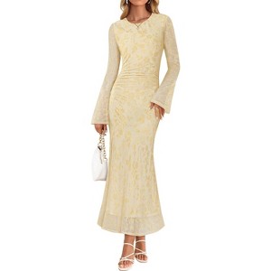 LEVEN SIXTEEN Beige Yellow Floral Bodycon Maxi Dress, Ruched Mesh for Wedding  Guest Beige Yellow-Medium Medium : Target