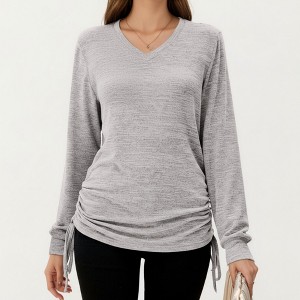 Anna-Kaci Women's Long Sleeve V-Neck Top with Side Drawstring Ruched Hem - 1 of 4