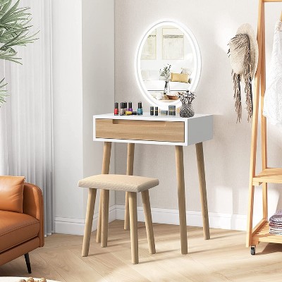 Elecwish Wood Small Vanity Table with Mirror and Chair