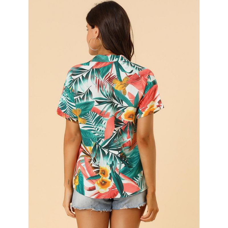 Allegra K Women's Hawaiian Floral Leaves Printed Short Sleeve Button Down Vintage Shirt, 6 of 8