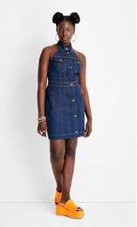 Women's Sleeveless Collared Denim Mini Dress - Future Collective™ with Alani Noelle Blue