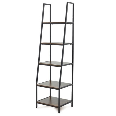 JOMEED CC80 Industrial Freestanding Durable 72 Inch 5 Tier Open Shelf Ladder Bookcase with Rubber Feet and Wall Bracket, Gray and Brown
