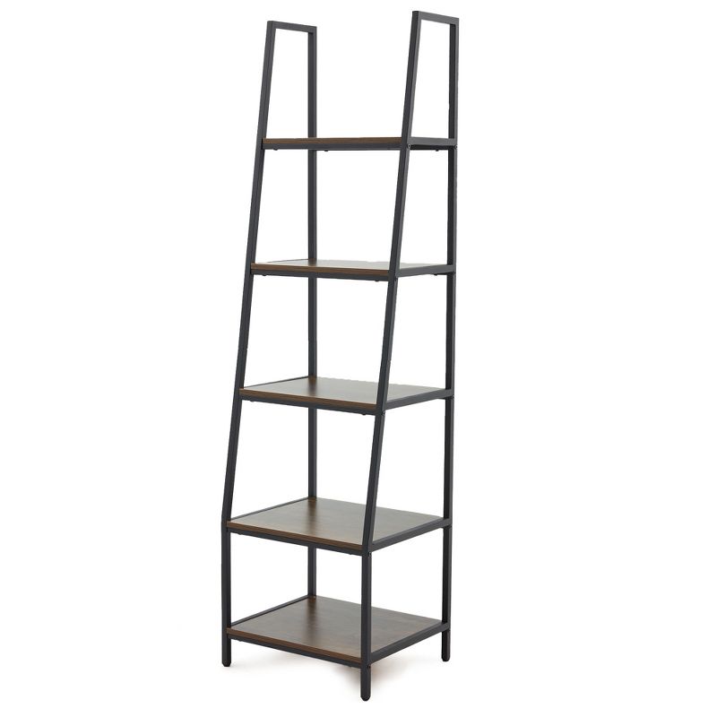 JOMEED CC80 Industrial Freestanding Durable 72 Inch 5 Tier Open Shelf Ladder Bookcase with Rubber Feet and Wall Bracket, Gray and Brown, 1 of 7