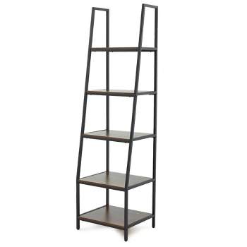 JOMEED CC80 Industrial Freestanding Durable 72 Inch 5 Tier Open Shelf Ladder Bookcase with Rubber Feet and Wall Bracket, Gray and Brown