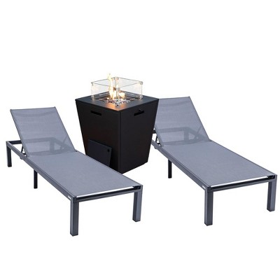 LeisureMod Marlin Modern Black Aluminum Patio Chaise Lounge Chair with Square Fire Pit Side Table Set of 2