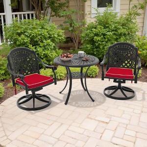 3-Piece Round Cast Aluminum Patio Set with Swivel Chairs,Red Cushions,and Umbrella Hole - 1 of 4
