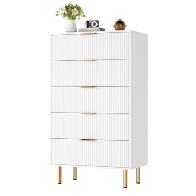 Fluted Wood Dresser 5 Drawers Dresser for Bedroom, Modern Chest of Drawers, Tall Brown Dresser with Gold Handle
