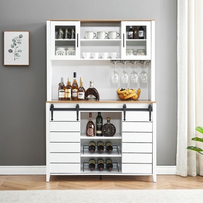 Whizmax 70" Farmhouse Coffee Bar Wine Cabinet with Sliding Barn Doors and Storage,Tall Kitchen Hutch with Wine & Glasses Rack for Kitchen, Dining Room