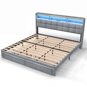 DOMETOUR King Size Upholstered Bed Frame with LED, Charging Station & 2 Drawers, Sturdy, Easy Assembly, No Box Spring Needed, Light Gray - 1 of 4