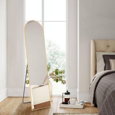 SEVOBAL Decorative Wall Mirrors Complete Arched Mirror With Slender Frame Reflection Simple Elegant Design For Living Space, Gold, 59"*0.5"*16"