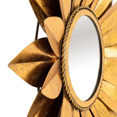 Gold Sunburst Round Mirror with Wood Frame