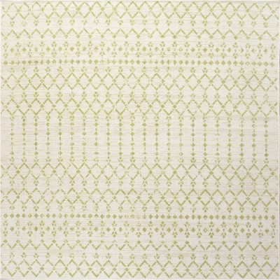 Cream and Green Geometric Synthetic Square Rug
