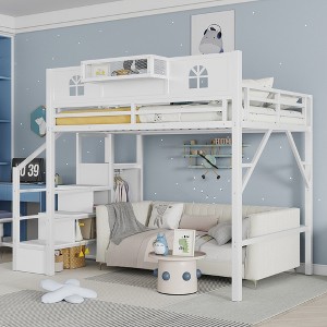 Whisen Metal Full Size Loft Bed with Stairs, High and House Shaped Guardrails & Wardrobe for Kids Teens - 1 of 4