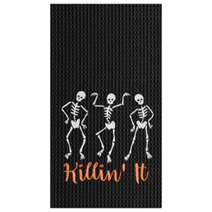 C&F Home Killin' It Skeleton Halloween Embroidered Waffle Weave Cotton Kitchen Towel - 1 of 4