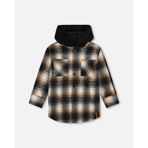 Deux par Deux Boy Hooded Polar Fleece Overshirt with Hood Black and Brown Plaid - 1 of 4
