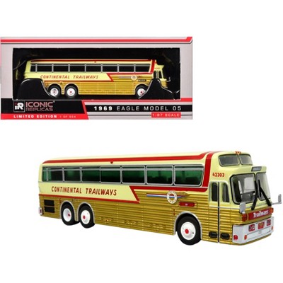 1969 Eagle Model 05 Coach Bus "Golden Eagle" Gold Metallic and Cream with Red 1/87 (HO) Scale Diecast Model by Iconic Replicas
