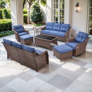 POCASSY 6 Inch Thick Cushion Patio Furniture Set with Swivel Glider Chairs, 8 Piece Patio Set with Brown Wicker Round Rattan and Olefin Cushion Cover - 1 of 4