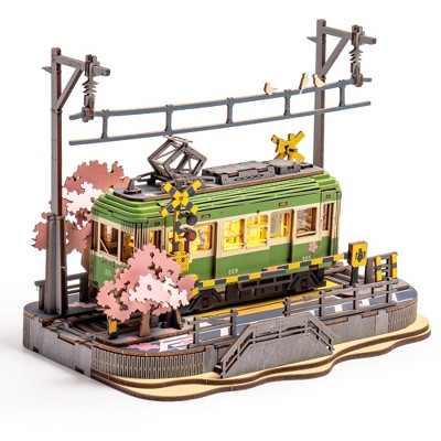 Robotime 3D Puzzles Jigsaw Car Toy DIY Model Kit for Adults, Building Toy Diorama Tram Sakura Hobby for Kids, Green, 12.32"*9.06"*1.57"