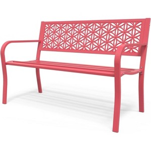 VINGLI 50" Outdoor Bench Metal with Floral Back, Garden Bench Front Porch Bench for Yard Patio Entryway Park Outside, 800lb Capacity - Pink - 1 of 4