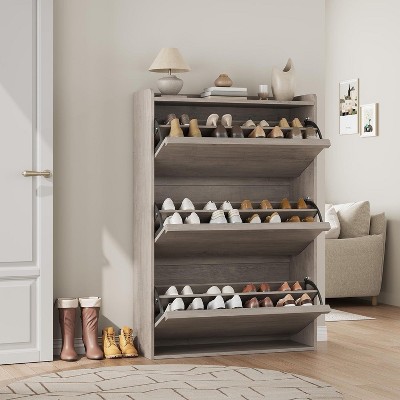 Farmhouse Shoe Storage Cabinet with Flip Drawers, Adjustable Shelves, Modern Hidden Slim Narrow Shoe Rack Cabinet for Entryway, Nature