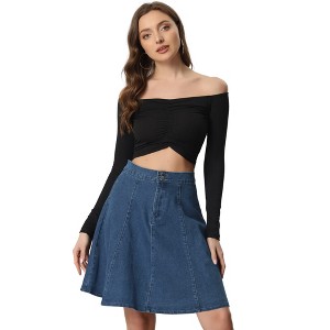 INSPIRE CHIC Women's High Waist A-Line Flared Pleated Above Knee Denim Skirt - 1 of 4