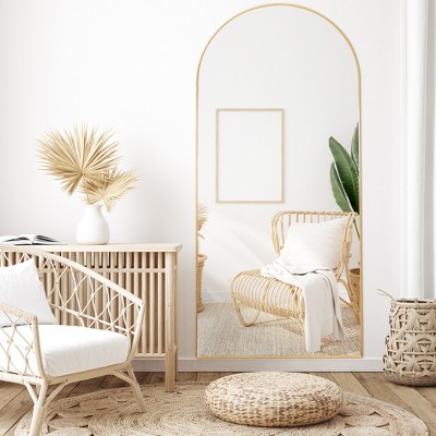Beautyolove 32 in. W x 71 in. H Classic Arched Gold Aluminum Alloy Framed Full Length Mirror Wall Mounted or Standing Floor Mirror