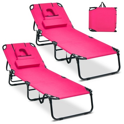 Tangkula 2PCS 5-Position Lounge Chair Adjustable Beach Chaise w/ Face Cavity & Pillows