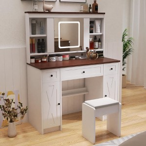 NicBex Vanity Desk with Mirror Small Vanity with Sliding Mirror and Charging Station, Farmhouse Makeup Vanity Set with Sponge Soft Stool, White - 1 of 4