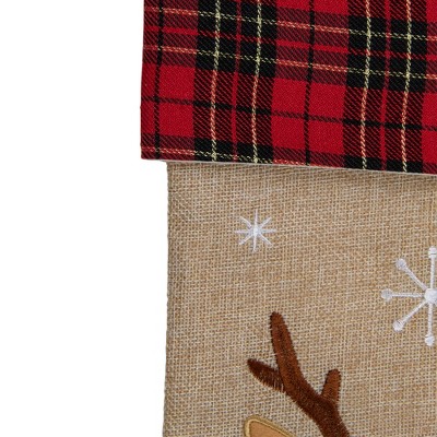19" Burlap Plaid Reindeer Christmas Stocking with Embroidery