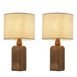 ALOADECOR Farmhouse Traditional Natural Brown Solid Wood Base Table Lamp with Beige Fabric Shade for Bedroom Living Room(2 Pack) - 1 of 4