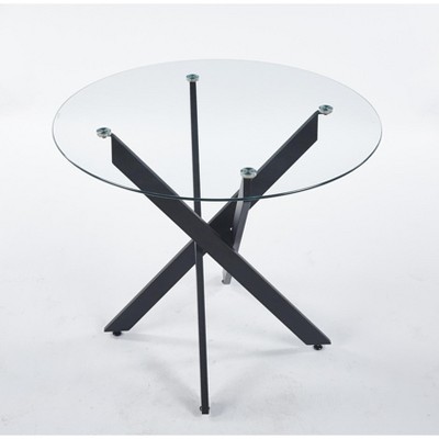 Vynxaria Black Glass Coffee Table with Cross Metal Legs for Modern Living Spaces