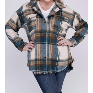 Women's Plus Size Yarn Dyed Plaid Shirt Jacket - Blue B - 1 of 3