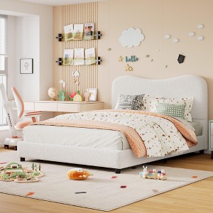 Coucheta T/F/Q Kids Bed with Upholstered Boucle Headboard, Low Profile Platform, Wood Slats&Quiet Design, No Box Spring Needed for Kids&Guest Rooms - 1 of 4