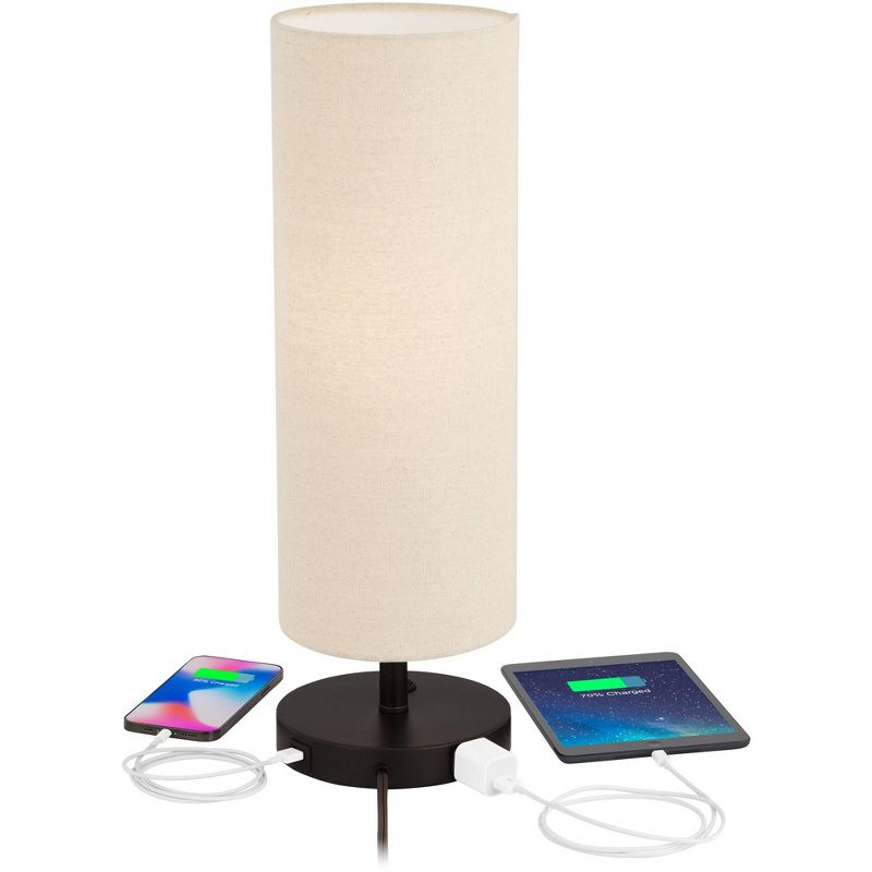 360 Lighting Heyburn Modern Accent Table Lamps 20" High Set of 2 Bronze with USB and AC Power Outlet in Base Oatmeal Cylinder Shade for Bedroom Desk, 3 of 10