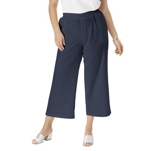 Jessica London Women's Plus Size Wide Leg Linen Crop Pants Elastic