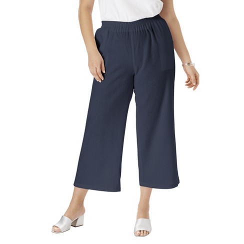 Jessica London Women's Plus Size Wide Leg Linen Crop Pant, 12 W - Navy