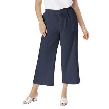 Jessica London Women's Plus Size Wide Leg Linen Crop Pants Elastic Waist