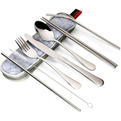 Juvale Set of 8 Portable Camping Utensils Flatware, Travel Stainless Steel Cutlery Set with Case, Silver
