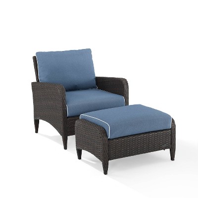 Kiawah 2pc Wicker Patio Chair with Ottoman Seating Set Blue - Crosley