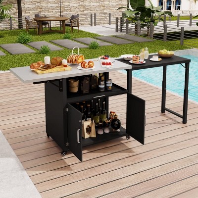 Outdoor Kitchen Island Cart with Expandable Fold-Out Tabletop, Storage Cabinet, Pull-Out Drawer Lockable Wheels for Patio or BBQ Space-The Pop Home