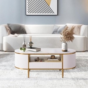 Nasitip 48" White Oval Fluted Coffee Table with Drawer, Faux Marble Top, Modern Center Table for Living Room - 1 of 4