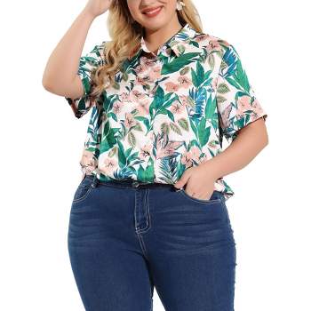 Agnes Orinda Plus Size Button Down Shirt for Women Denim Roll Sleeve Stand