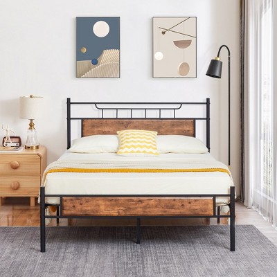 VECELO Metal Platform Bed with Wood Headboard and Footboard